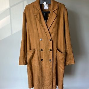 ZARA 100% Linen Unlined Double Breasted Clay Brown Trench Coat Size M